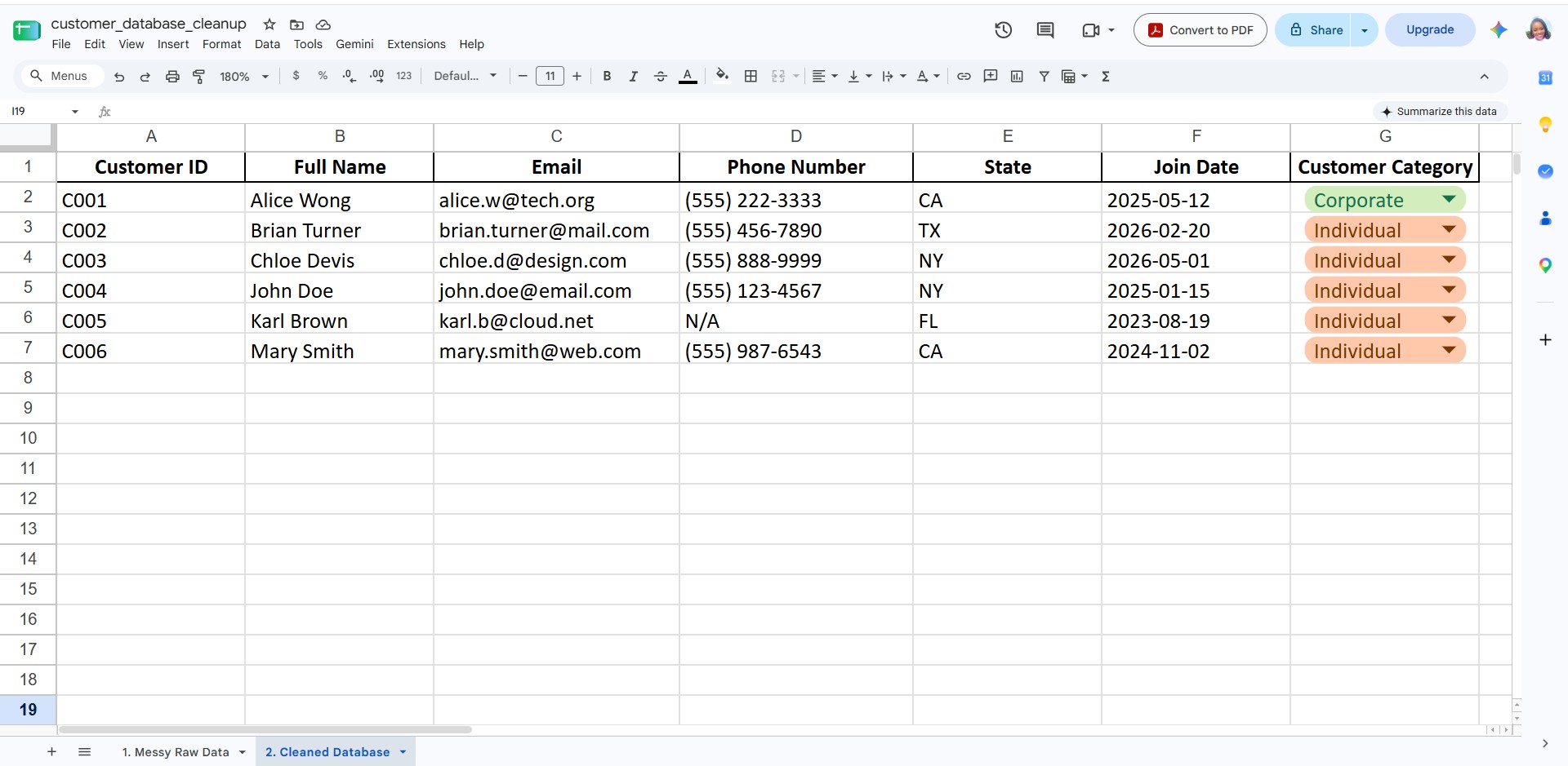 Cleaned customer database spreadsheet