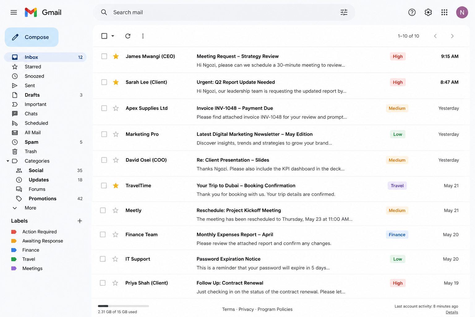 Organised inbox with priority labels
