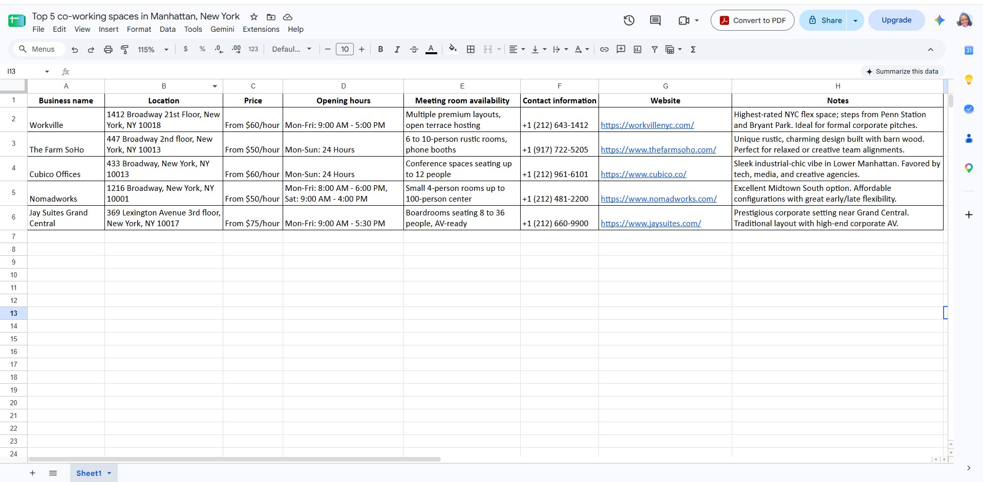 Research spreadsheet comparing co-working spaces